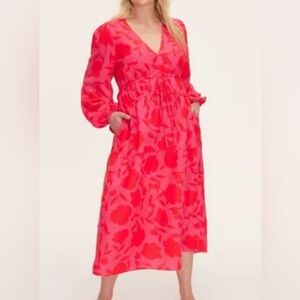 KATE SPADE X Target Sz LG Linen Floral Dress Pink Red Spring Summer Rose Print